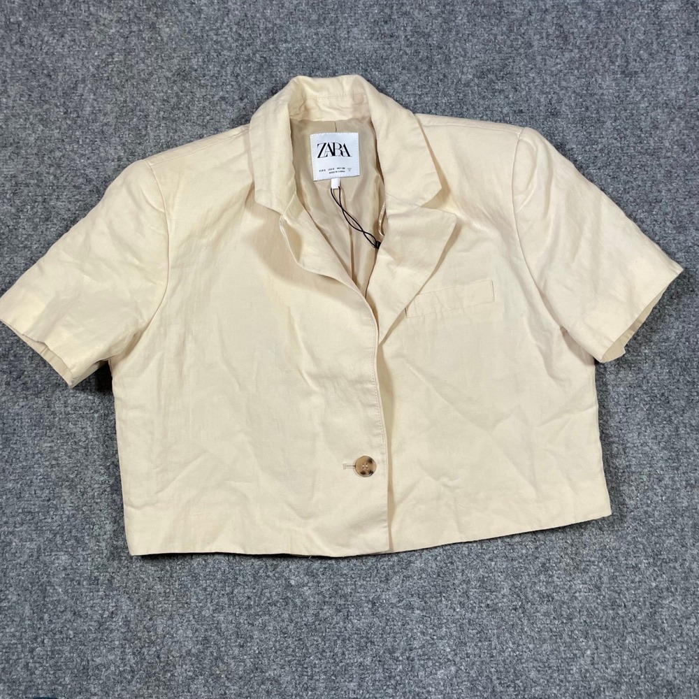 NWT Zara Blazer Women‎ Small Beige Short Sleeve Cropped Linen Blend Button Front